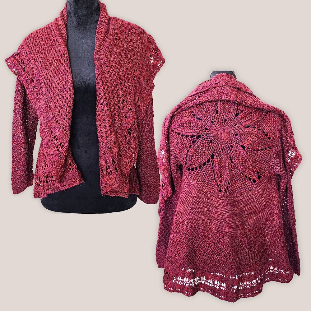 JOHN PAUL RICHARD Crochet Knit Cardigan Sweater in Pink Purple Flower Design